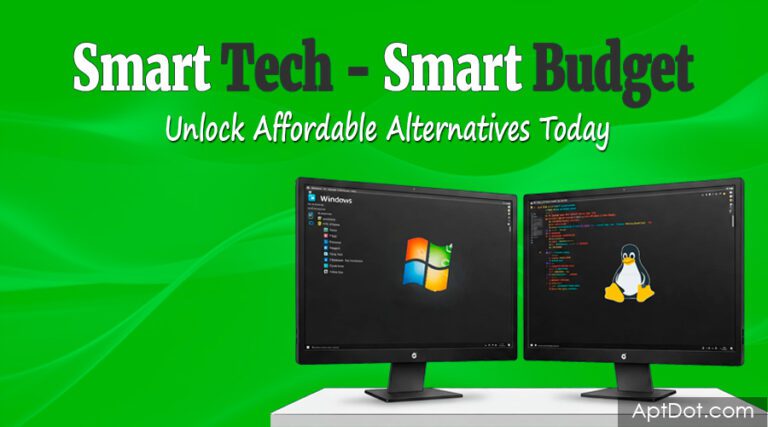 Two PC monitors side by side, one running Windows OS and the other running Linux, showcasing smart tech alternatives for budget-friendly computing.