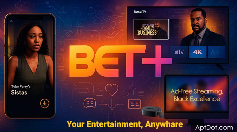 A vibrant digital collage showcasing BET+ streaming with offline viewing, multi-device access, personalized recommendations, and ad-free entertainment.