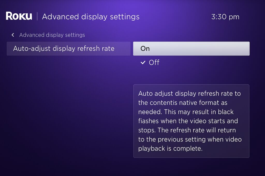 Roku TV Advanced Display Settings screen showing the 'Auto-adjust display refresh rate' option set to 'On,' with a description explaining its functionality.